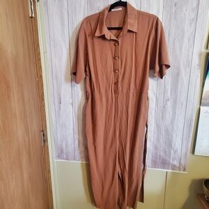 MANGO CASUAL JUMPSUIT. SZ MED. CLAY BROWN WIDE LEGS. VNECK